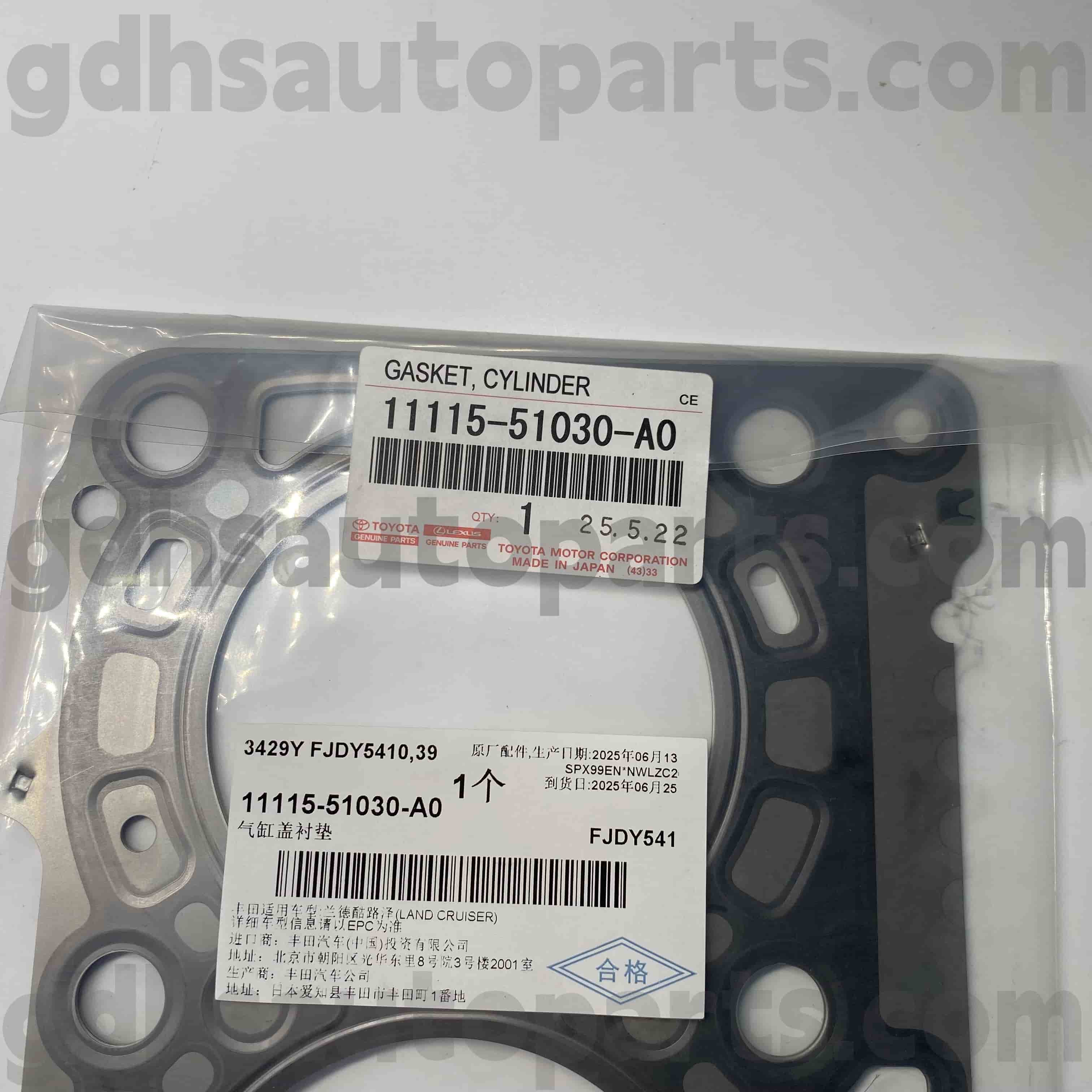 11115-51030330-A0 Toyota Piezas genuinas Cilindro de tapa del cilindro Anillo de goma para Land Cruiser